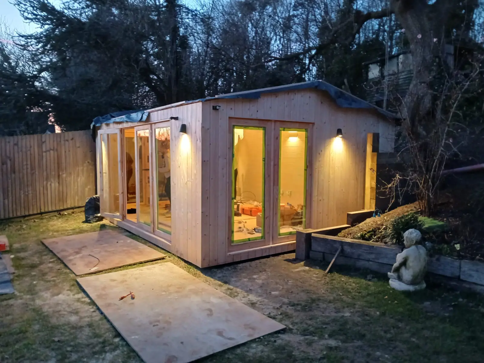 Completed garden room at dusk